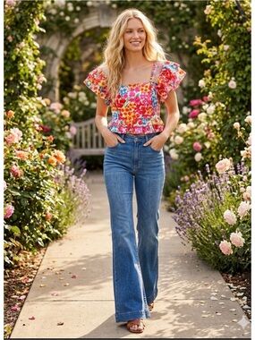 Buddy Love Boho Smocked Vibrant Floral Flutter Sleeve Crop Babydoll Top Y2K S